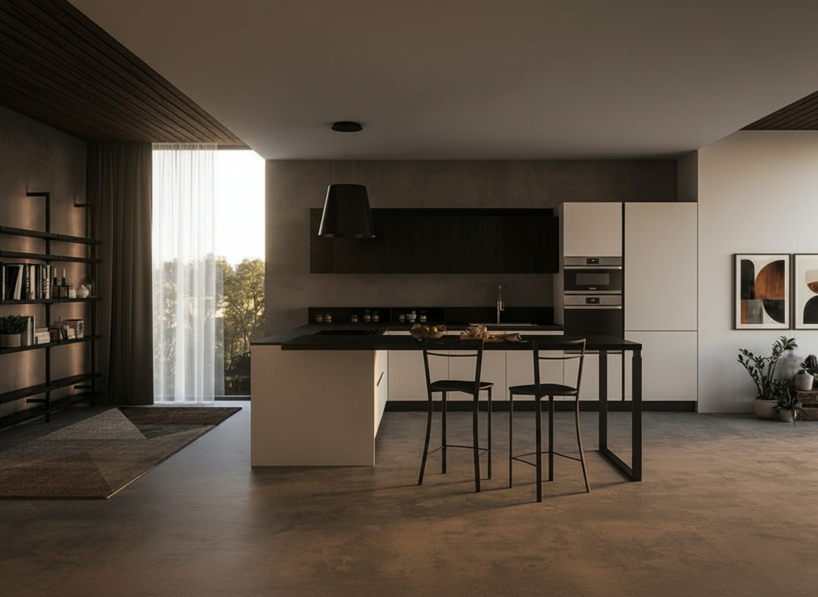 Cucina moderna bianca e nera con pensili in legno scuro, cappa nera e tavolo in metallo