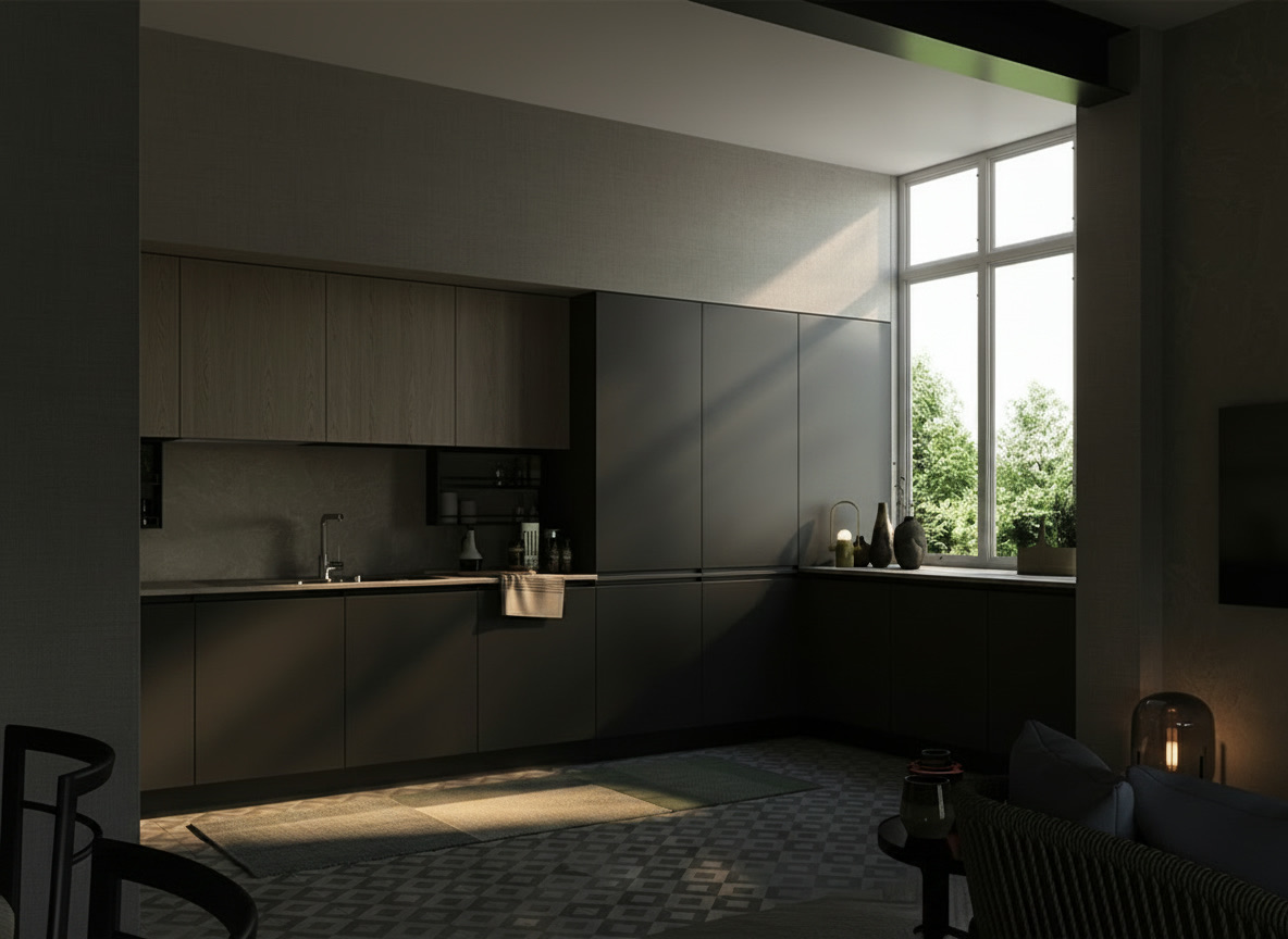 Cucina angolare antracite con pensili in legno chiaro, alta finestra e zona living con divano