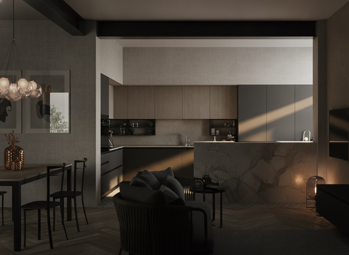 Open space con cucina angolare in legno chiaro e grigio antracite, tavolo con sedie nere, pagina Noè Michelessi