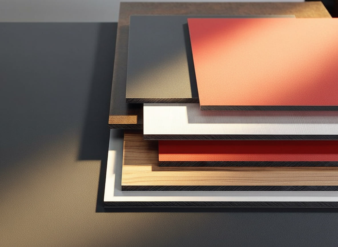 Lastre HPL impilate in rosso, bianco, legno e antracite, materiali per le cucine Noè Michelessi