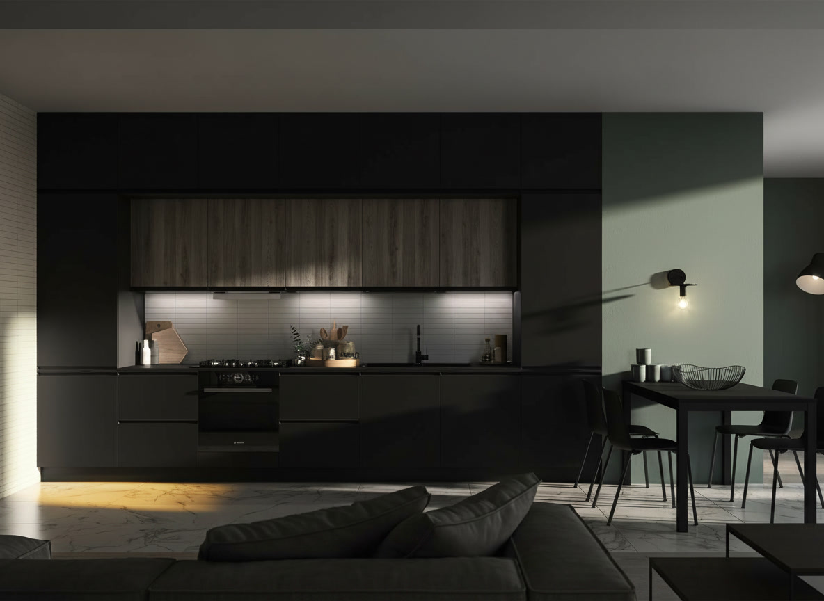Cucina lineare nera opaca con pensili effetto rovere grigio e parete verde salvia, ambientazione pagina Noè Michelessi