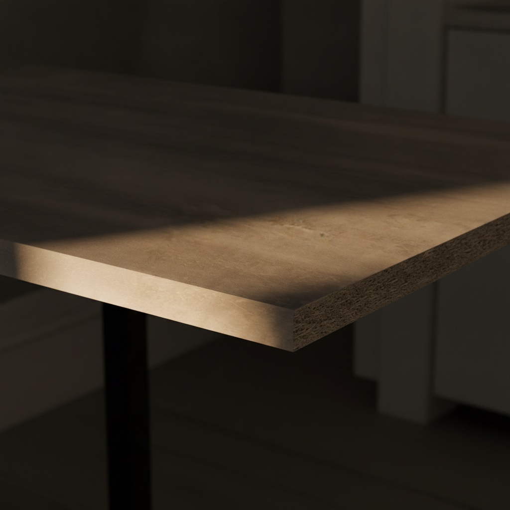 Dettaglio dello spessore di un piano effetto pietra con anima in truciolare, materiali cucine Noè Michelessi