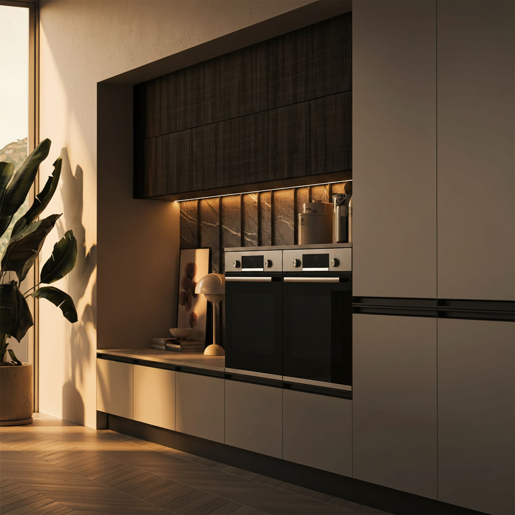 Colonne laccate grigio perla con doppio forno inox e vano a giorno con boiserie scura, cucina Noè Michelessi