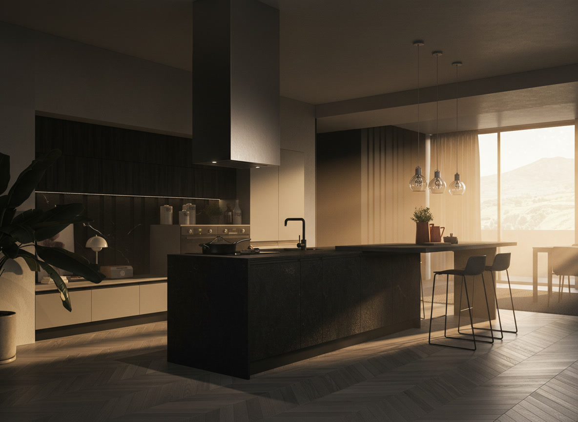 Isola in pietra scura con cappa a soffitto inox, boiserie in legno scuro e sgabelli neri, ambientazione Noè Michelessi