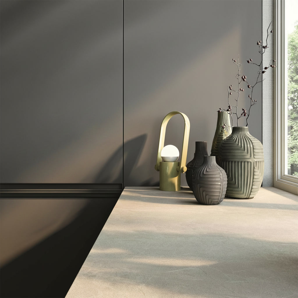 Colonne laccate lucide antracite con vasi decorativi verdi e lanterna d'ottone, cucina Noè Michelessi