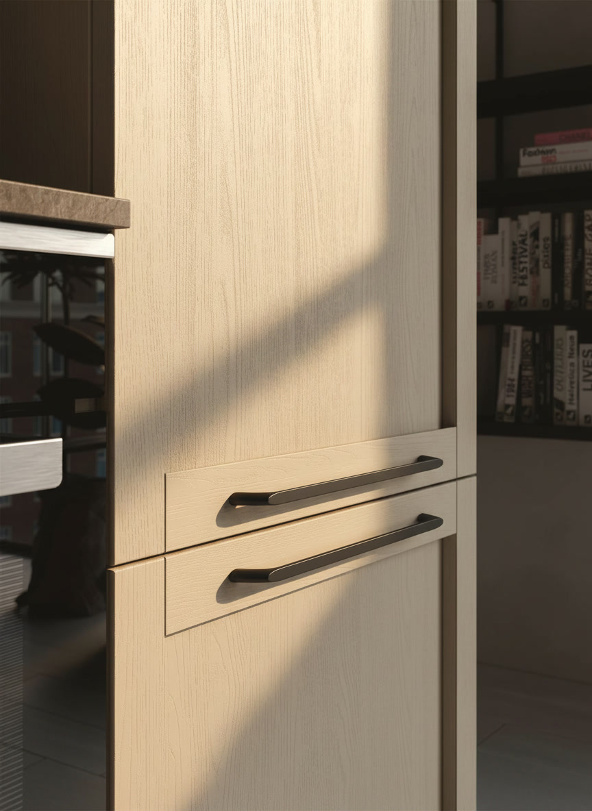 Colonna cucina con anta effetto frassino chiaro e doppie maniglie nere a ponte, dettaglio modello Noè Michelessi