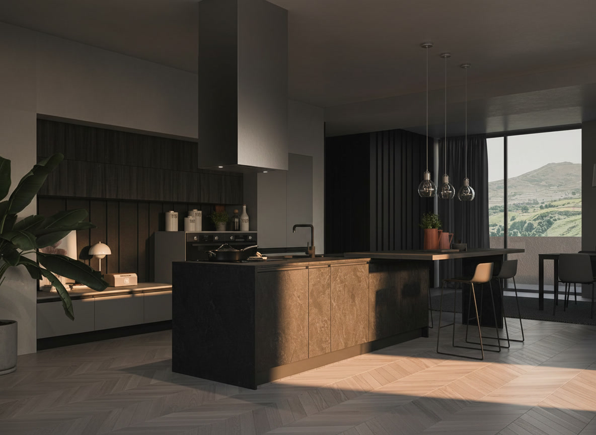 Cucina con isola effetto pietra scura, cappa a colonna inox, lampade in vetro e pavimento a spina, pagina Noè Michelessi