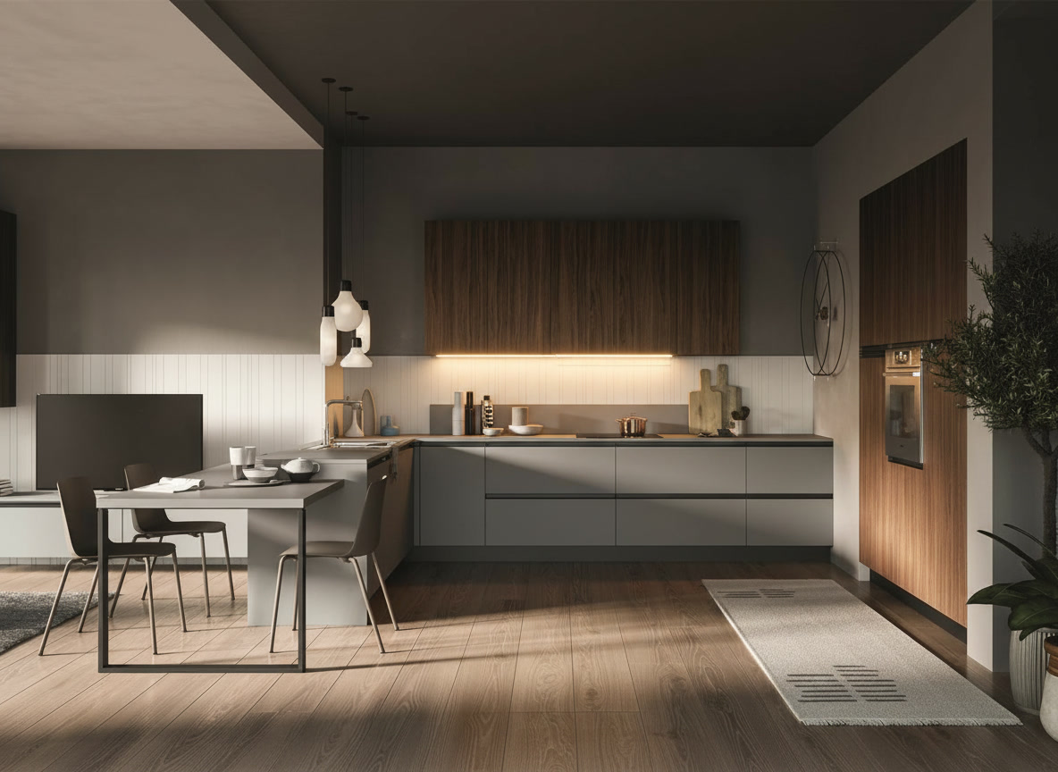 Cucina angolare grigio tortora con pensili in noce, boiserie bianca e colonna forno, ambientazione Noè Michelessi