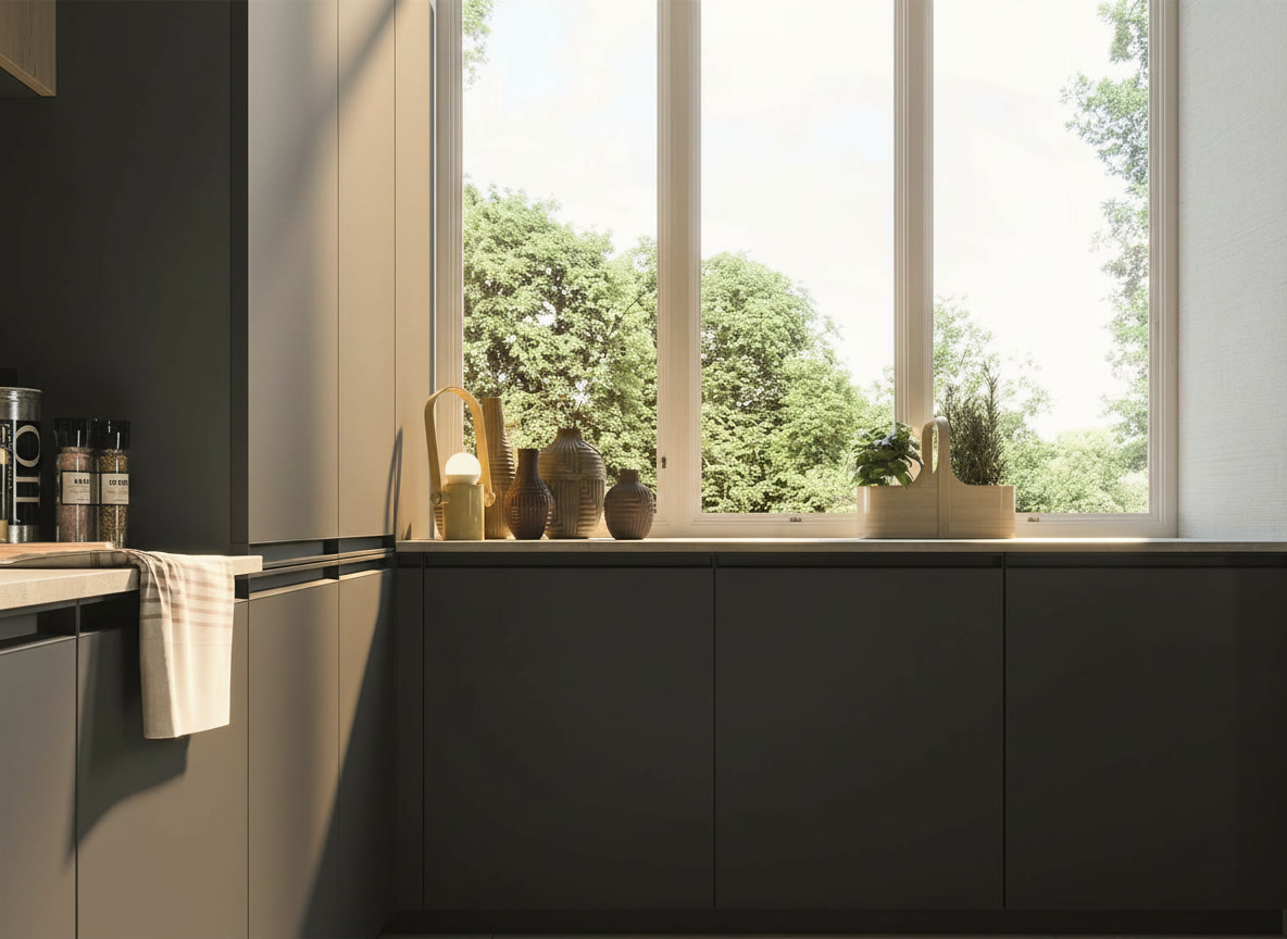 Basi grigio antracite sotto finestra con vasi in ceramica decorata e canovaccio bianco, ambientazione Noè Michelessi