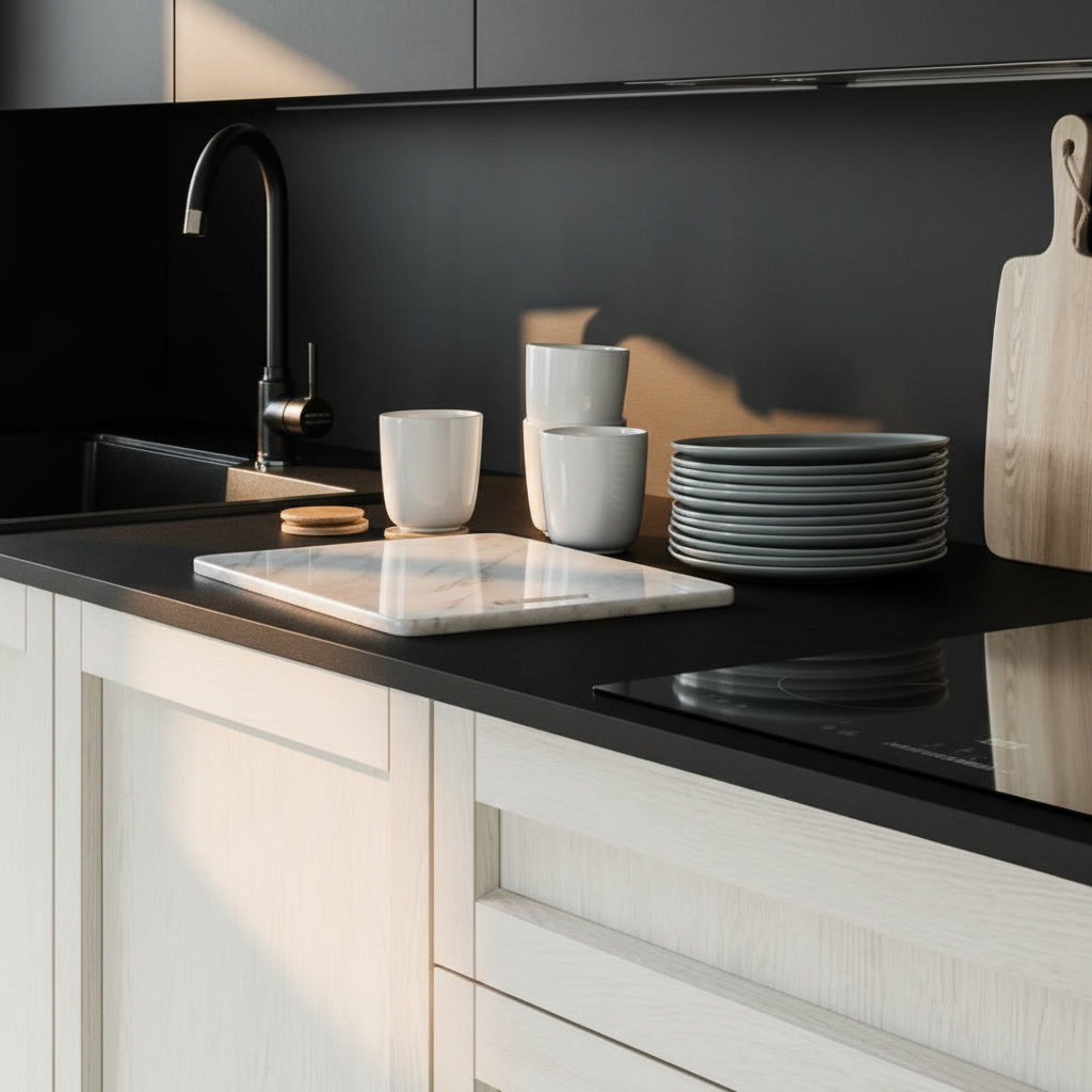 Top nero opaco con piatti grigi, tazze e tagliere effetto marmo bianco, basi chiare a telaio, cucina Noè Michelessi