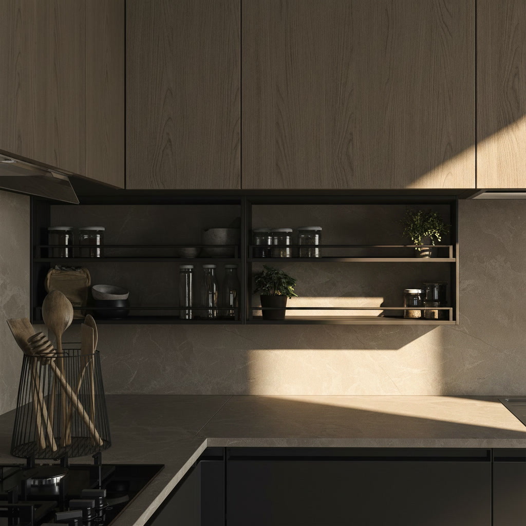 Pensili in rovere sopra vano a giorno in metallo nero con portaspezie, cucina Noè Michelessi