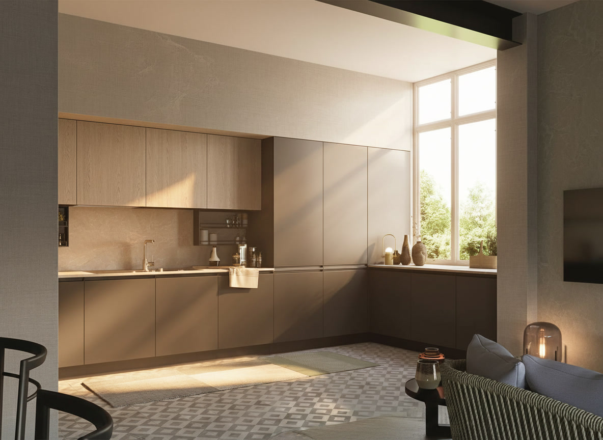 Cucina angolare con pensili in rovere, basi antracite e alzata effetto pietra, ambientazione Noè Michelessi