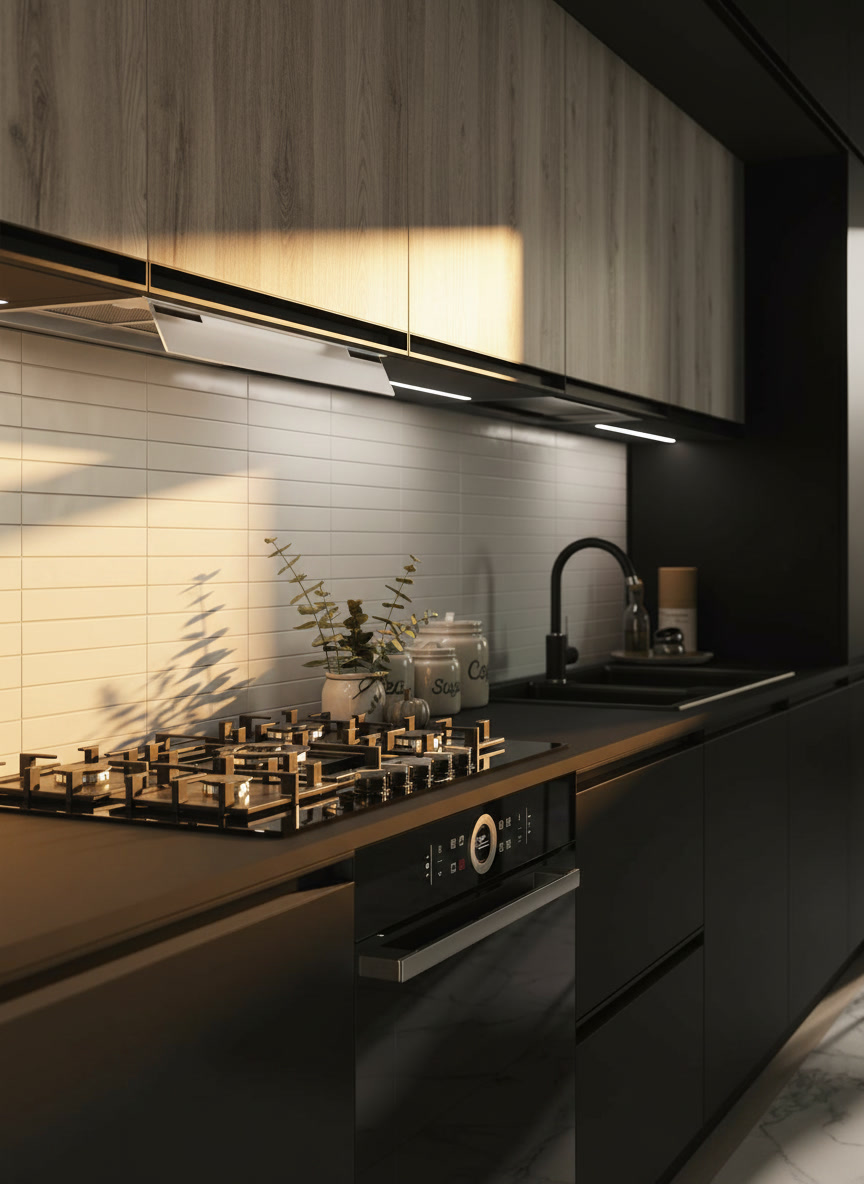 Cucina scura con pensili effetto legno chiaro, mattonelle bianche e piano a gas, pagina Noè Michelessi