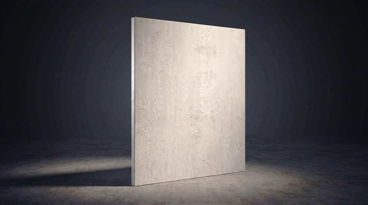 Visione di progetto: pannello anta con finitura effetto pietra chiaro della gamma cucine Domina di Michelessi Marble