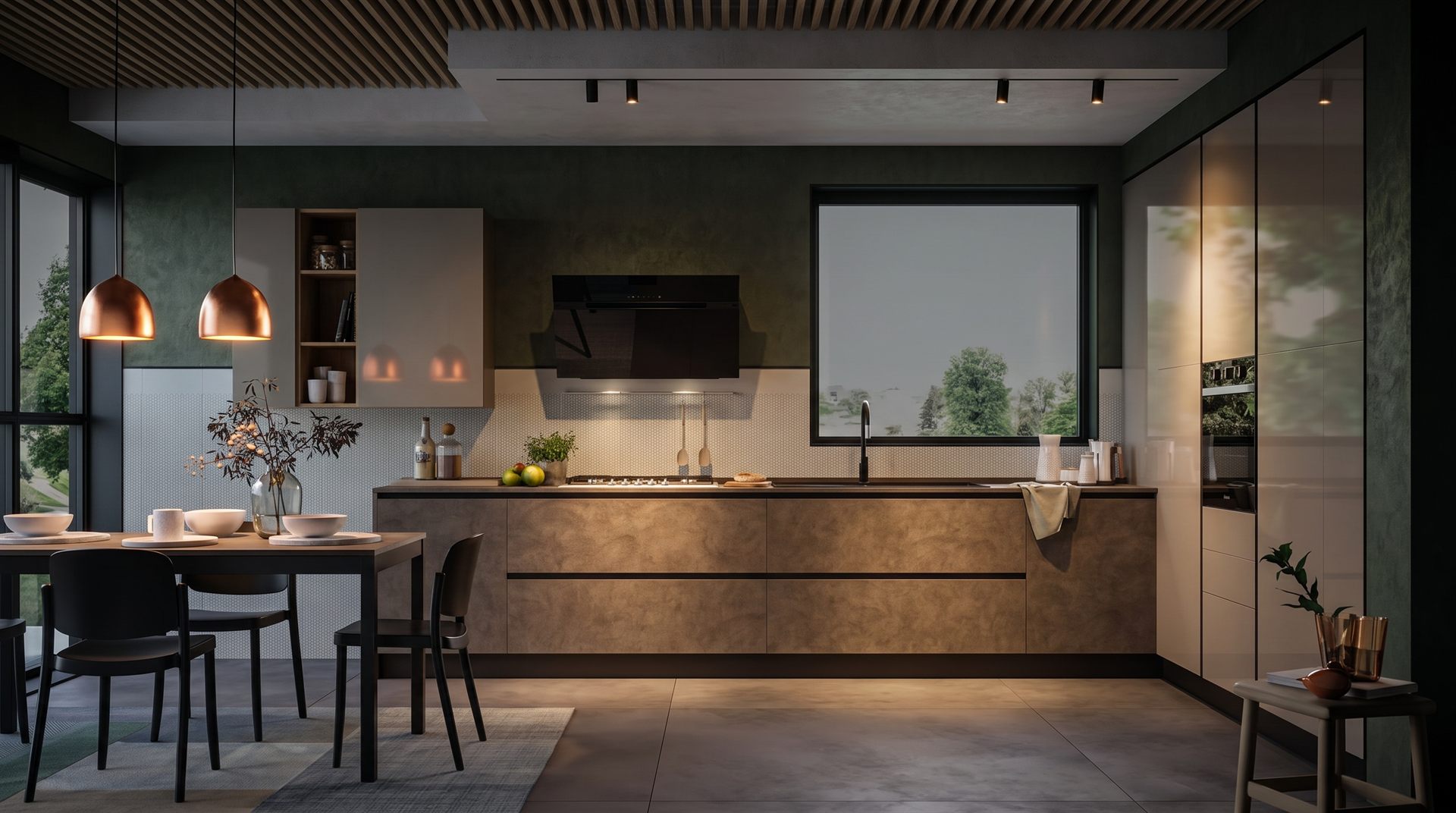 Visione di progetto: cucina Domina Michelessi con basi effetto pietra, parete verde rame, cappa nera e soffitto a doghe di legno