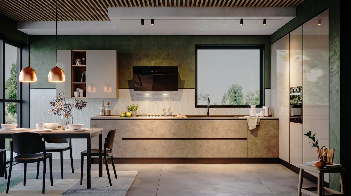 Project vision: michelessi Domina kitchen with stone-effect base units, copper-green wall, black hood and wood-slat ceiling