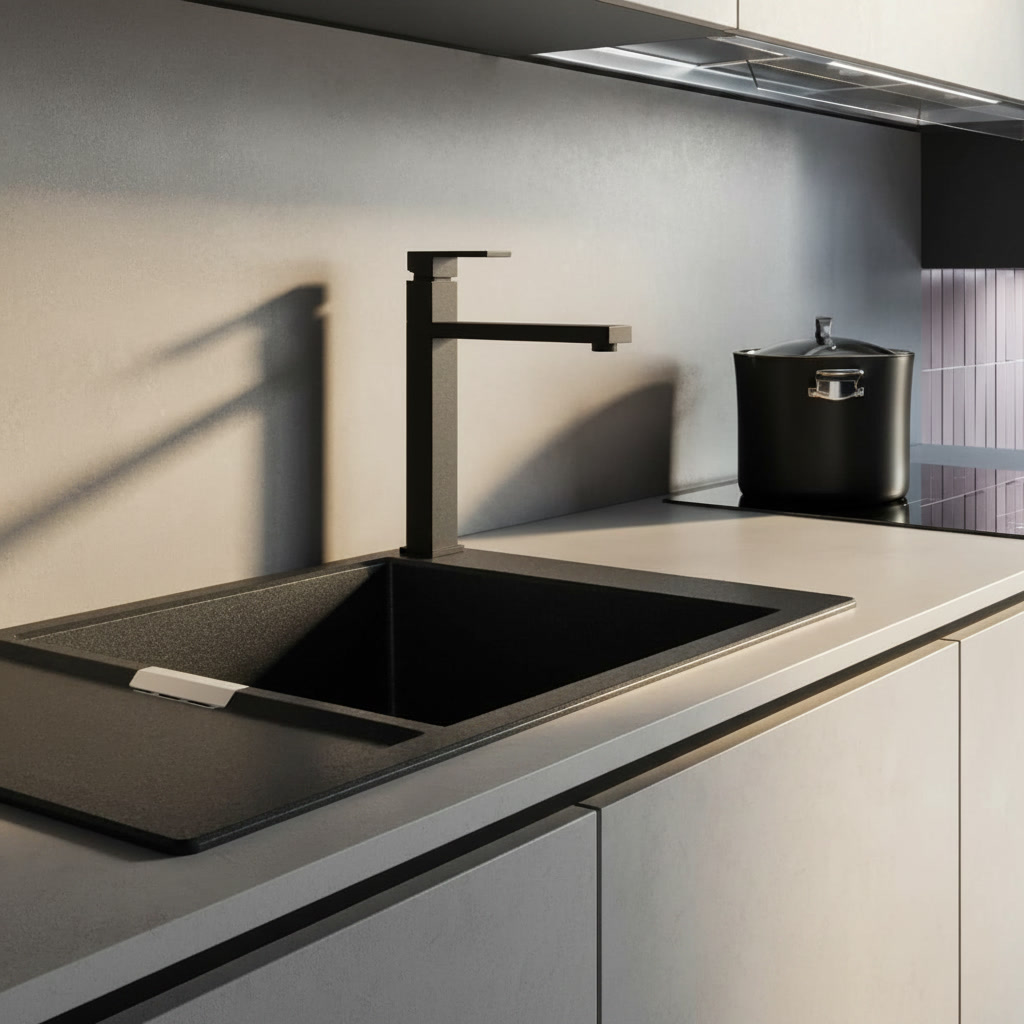 Lavello in composito nero con miscelatore squadrato nero su piano chiaro, dettaglio cucina Domina Michelessi