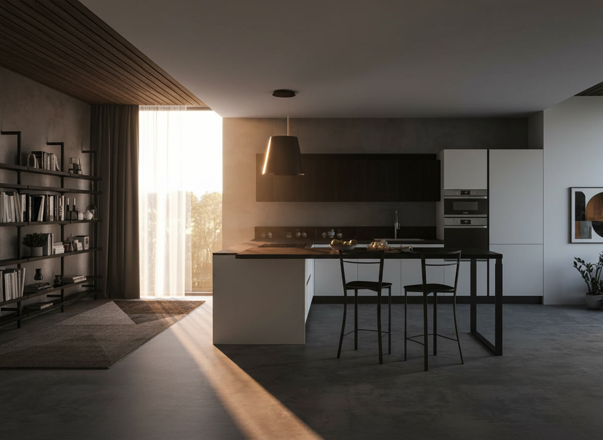 Open space con cucina Domina Michelessi bianca e legno scuro, penisola con tavolo integrato e libreria in metallo nero