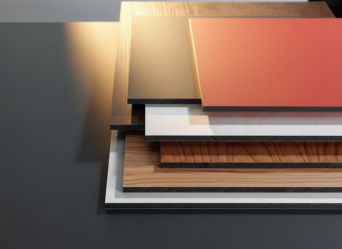 Lastre HPL impilate in vari colori e finiture, materiali per ante e piani delle cucine Michelessi