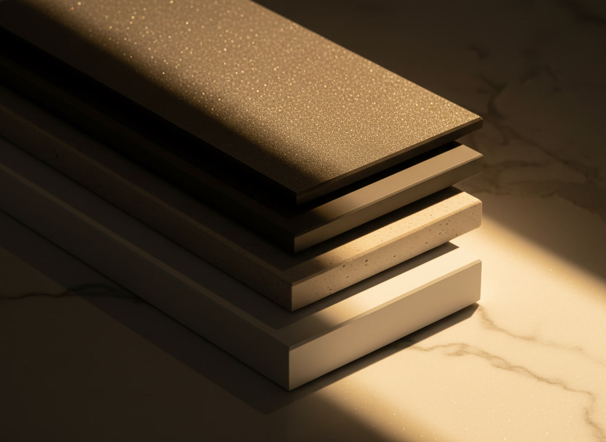 Campioni di piani cucina impilati: effetto pietra granulata, antracite, effetto pietra chiaro e laminato grigio, Michelessi