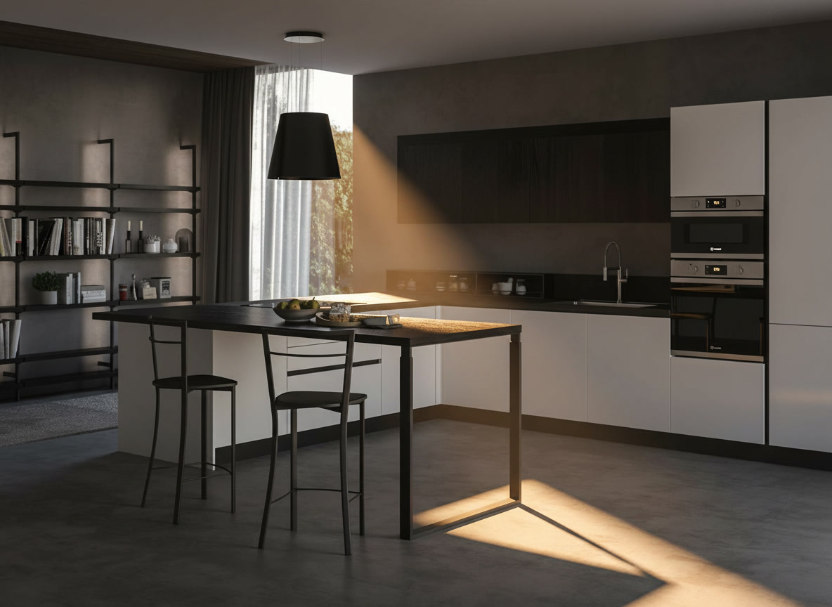 Cucina Domina Michelessi bianca con colonne, pensili effetto legno scuro, penisola con tavolo e libreria in metallo nero