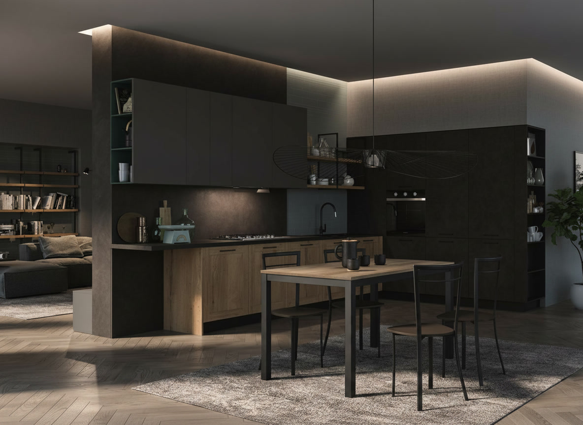 Cucina Domina Michelessi in luce serale: pensili grigi, basi effetto rovere nodato, lampadario nero a fili sospesi