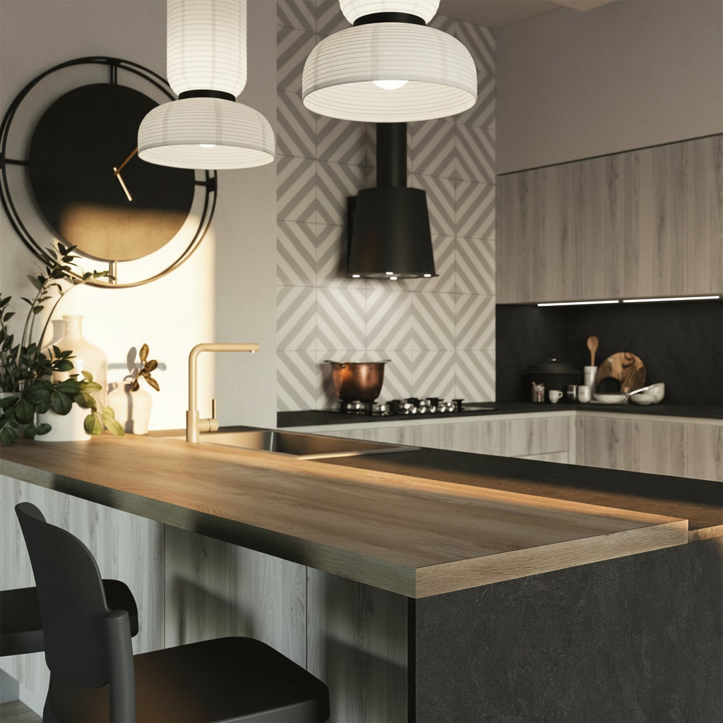 Angolo cucina Domina Michelessi con penisola in rovere su fianco effetto pietra, cappa nera e piastrelle a rombi