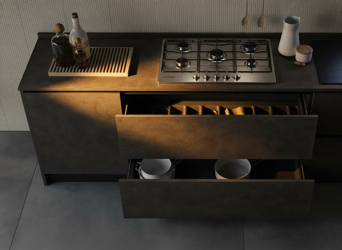 Basi effetto pietra bronzo con doppio cassettone aperto e piano cottura a gas inox, cucina Domina Michelessi
