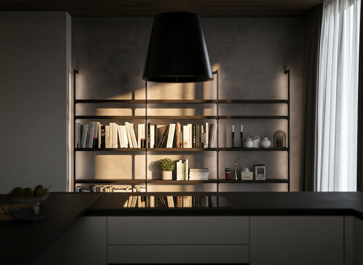 Penisola con piano induzione nero e cappa nera davanti a libreria retroilluminata, cucina Domina Michelessi