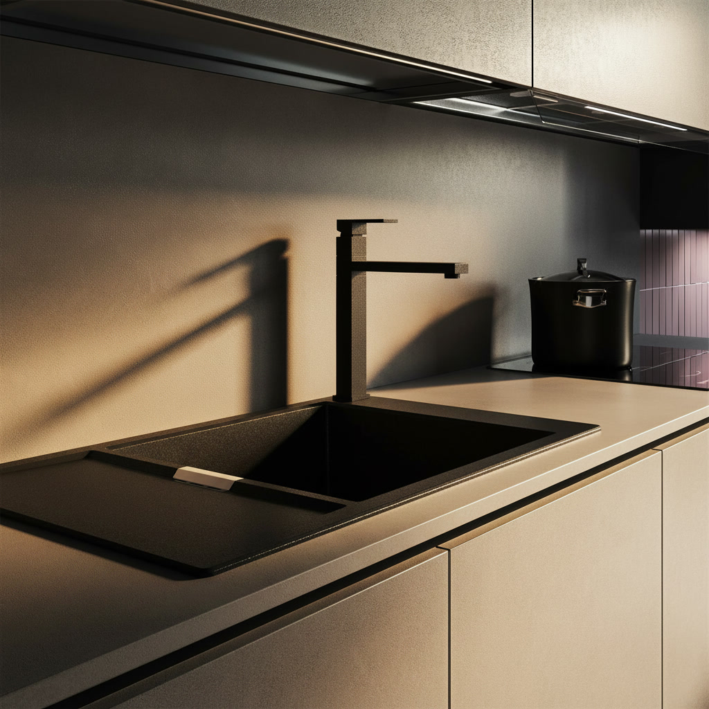 Zona lavaggio con vasca in composito nero, miscelatore squadrato e pensili illuminati, cucina Domina Michelessi