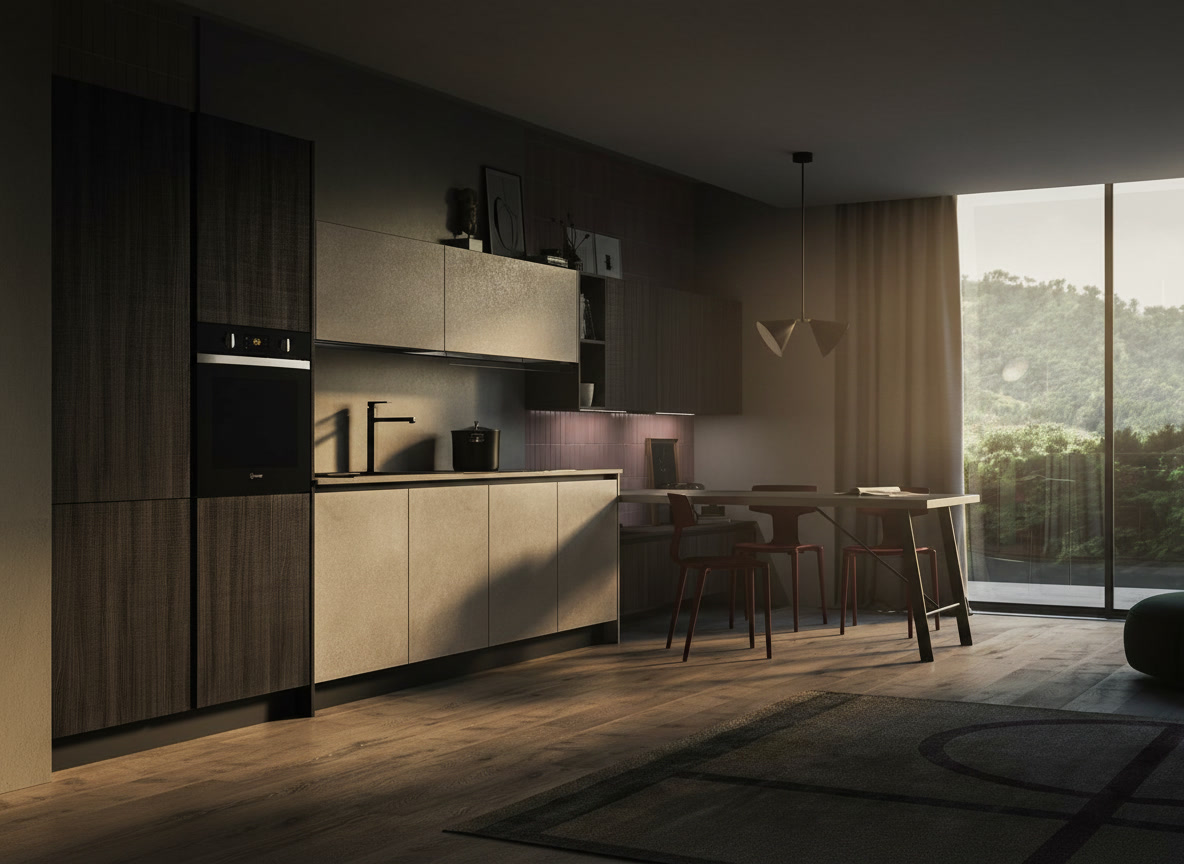 Cucina Domina Michelessi con colonne effetto legno grigio, basi chiare e tavolo con sedie rosse davanti alla vetrata