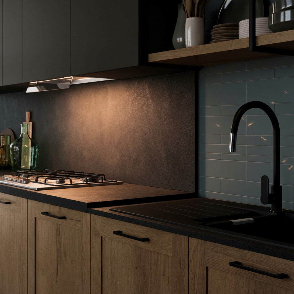 Piano cottura a gas inox con alzata effetto pietra, mensola in rovere e piastrelle azzurre, cucine Michelessi