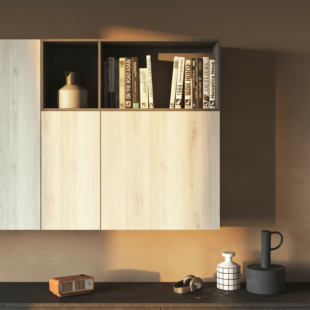 Pensili effetto legno chiaro con vani a giorno antracite su parete color cacao, sistema Domina Michelessi