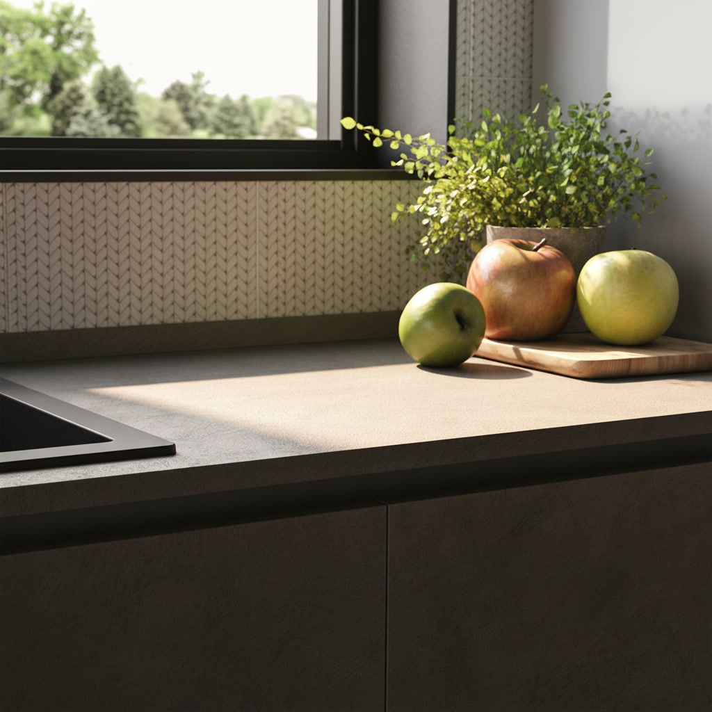 Top effetto pietra con lavello nero e gola scura, basi bronzo e mosaico chevron, cucina Domina Michelessi