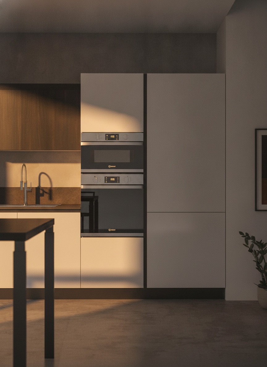 Colonne bianche con doppio forno e microonde incassati, boiserie scura e penisola, cucina Domina Michelessi
