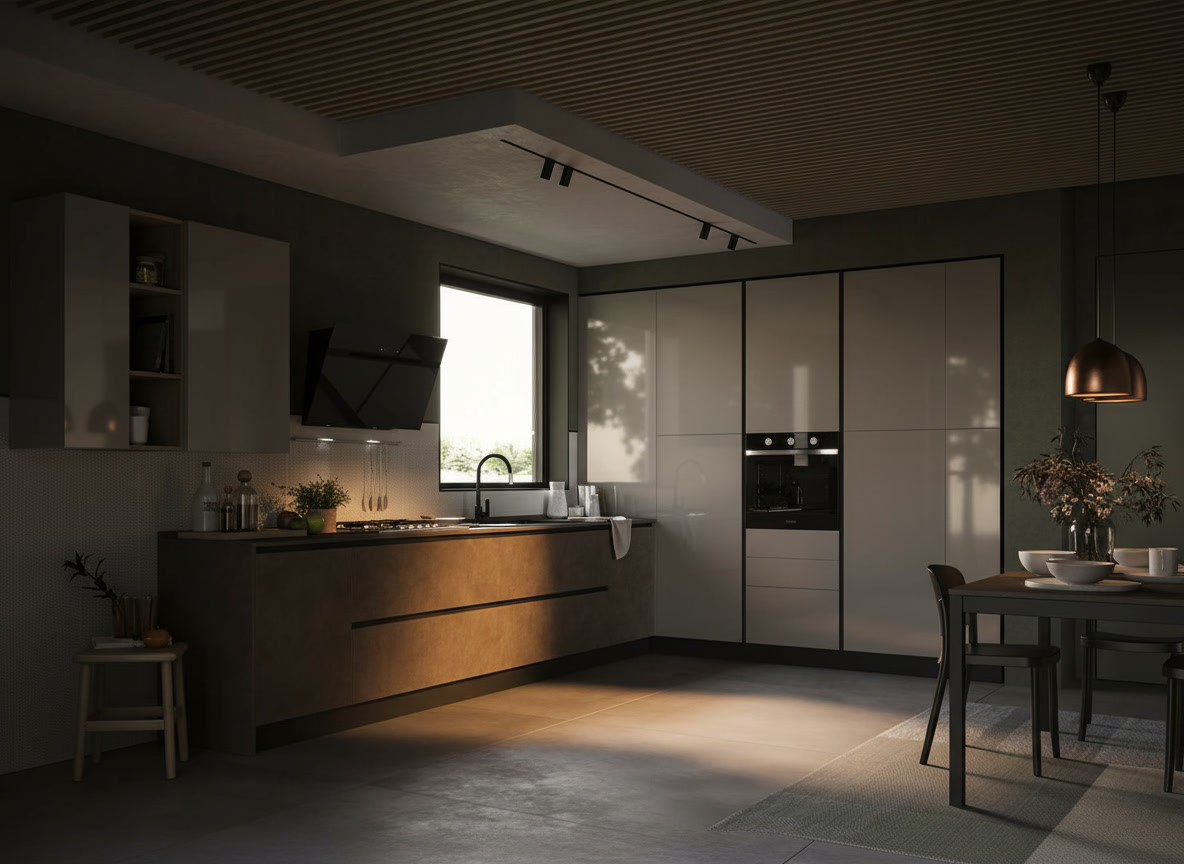 Cucina Domina Michelessi con basi effetto pietra bronzo, colonne bianche lucide, cappa nera e parete verde salvia