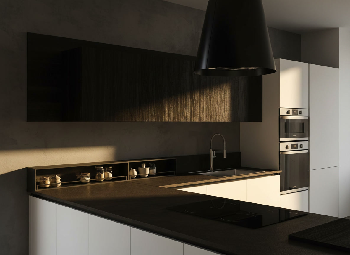 Angolo cucina bianca con top e alzata effetto pietra scura, vani portaspezie a giorno e cappa nera, Domina Michelessi