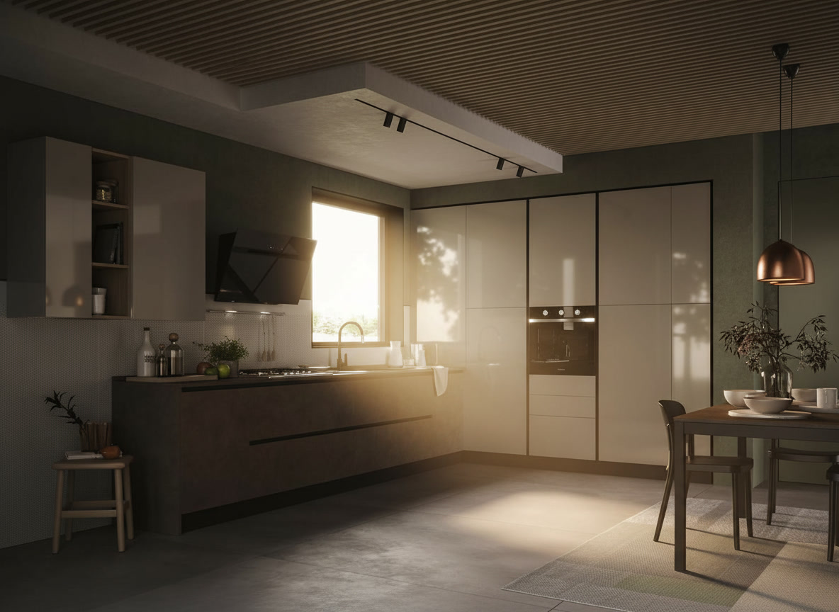 Vista della cucina Domina Michelessi con parete salvia, basi materiche bronzo, colonne lucide e soffitto a doghe