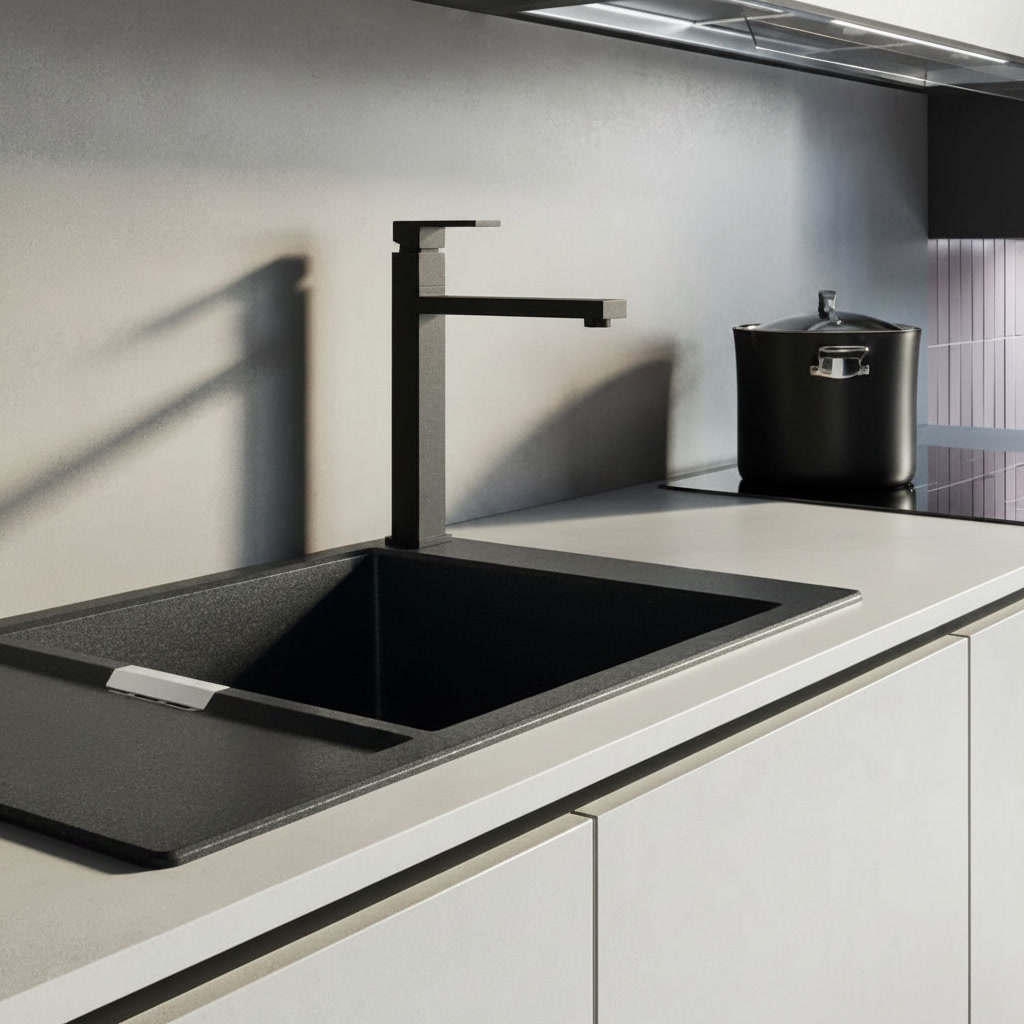 Lavello in composito nero con miscelatore squadrato nero su piano chiaro e piastrelle rosa, dettagli cucine Michelessi
