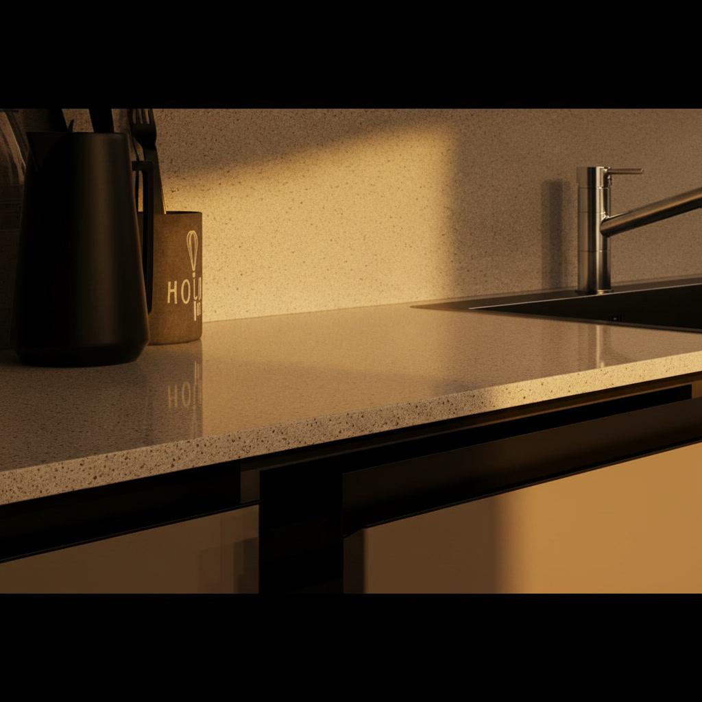 Piano in quarzo bianco puntinato con gola nera, ante avorio lucide e lavello inox, dettaglio cucine Michelessi