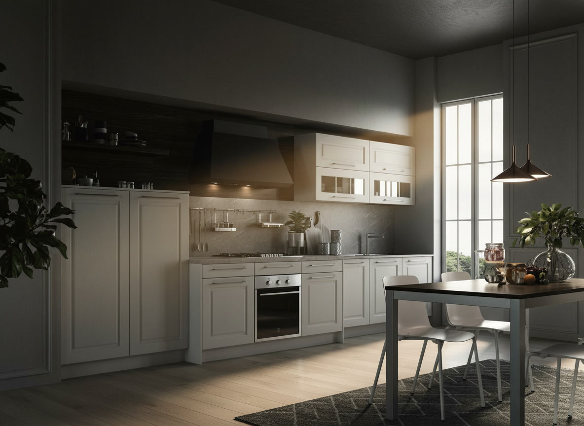 Cucina bianca con anta a telaio, cappa nera, boiserie scura e lampade a sospensione color rame, collezioni Michelessi