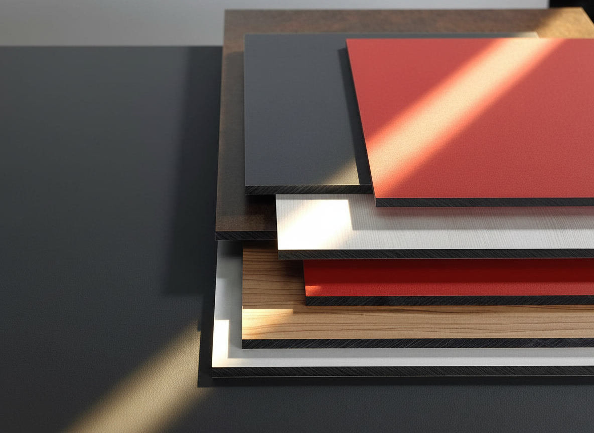 Lastre HPL impilate in rosso, bianco venato, noce e antracite, materiali per le cucine da interno Michelessi