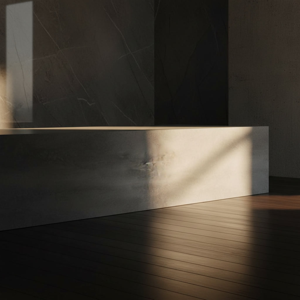 Dettaglio dello spessore di un piano effetto pietra con anima in truciolare, materiali cucine Michelessi