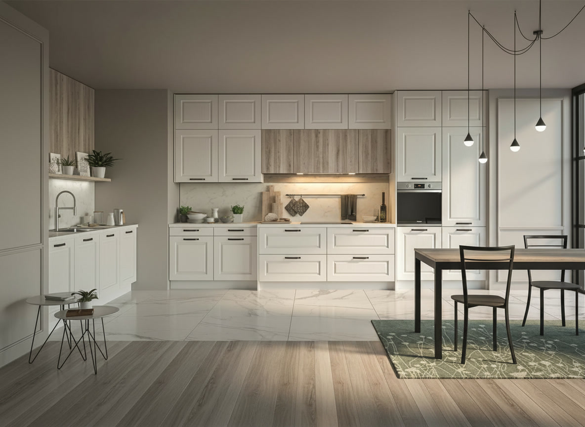 Cucina bianca con anta a telaio, fascia pensili effetto rovere grigio e lampade nere, collezioni Michelessi