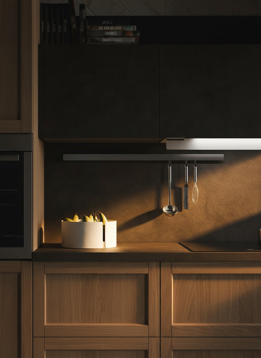 Pensili effetto pietra scura su basi in rovere a telaio con barra e mestoli, dettaglio cucine Michelessi