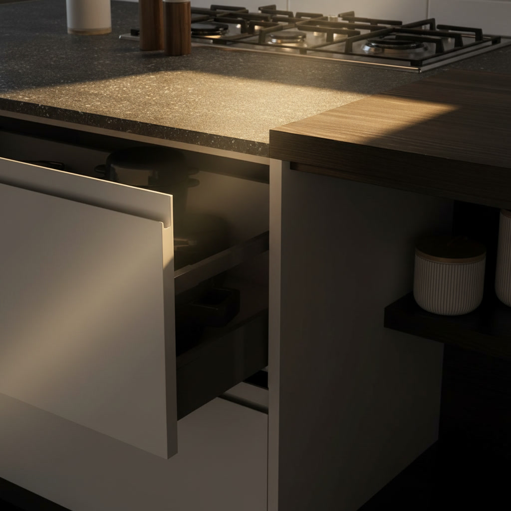 Cassetto bianco aperto con divisori sotto piano effetto pietra e fuochi a gas, dettaglio cucine Michelessi
