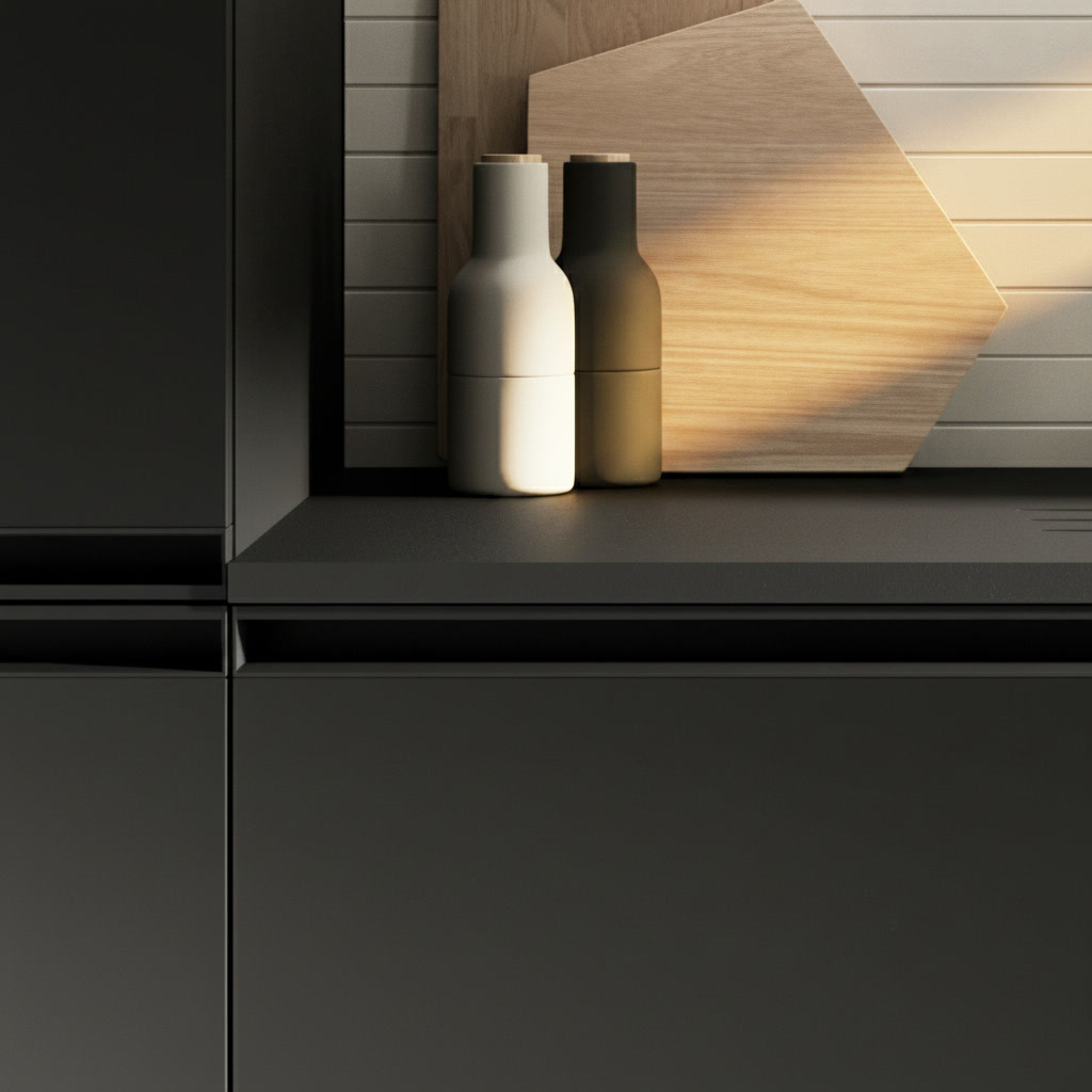Basi nere con gola, macinapepe bianco e nero e tagliere esagonale in legno chiaro, dettaglio cucine Michelessi
