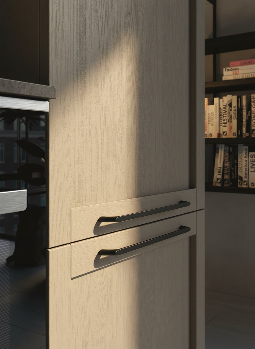 Colonna con anta effetto frassino chiaro e doppie maniglie nere a ponte, dettaglio anta Noè, cucine Michelessi