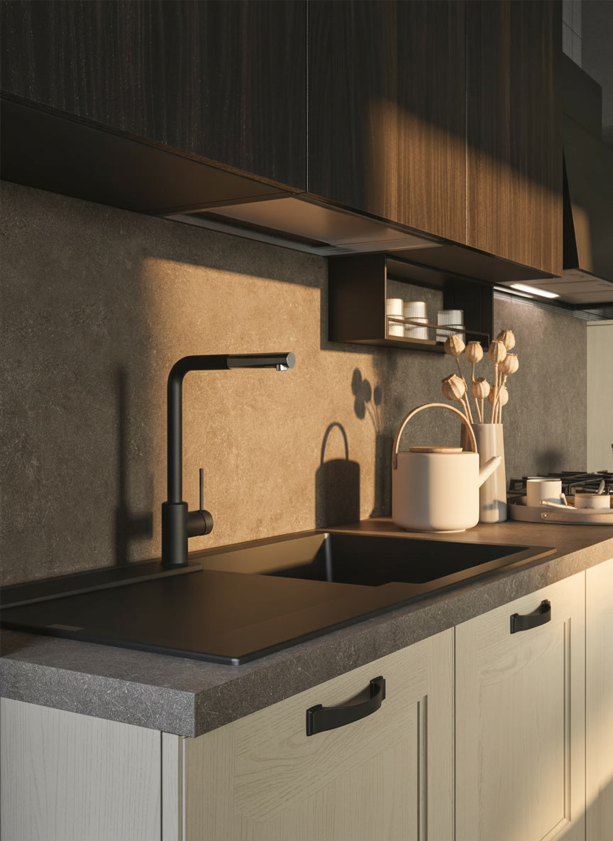 Lavello nero su top effetto pietra, basi avorio a telaio e pensili in noce, cucine Michelessi