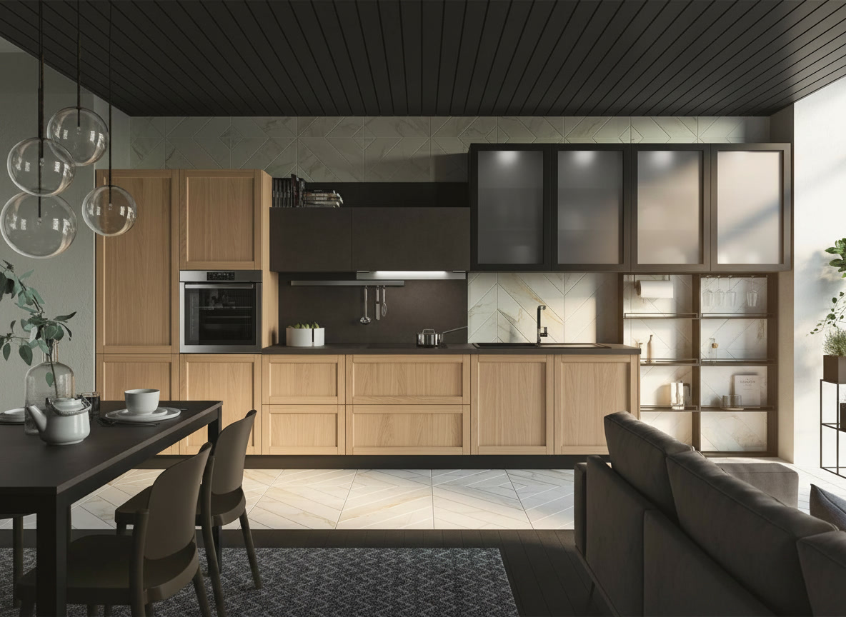 Cucina loft con soffitto a doghe nere, colonne in rovere, vetrine fumé e credenza illuminata, collezioni Michelessi